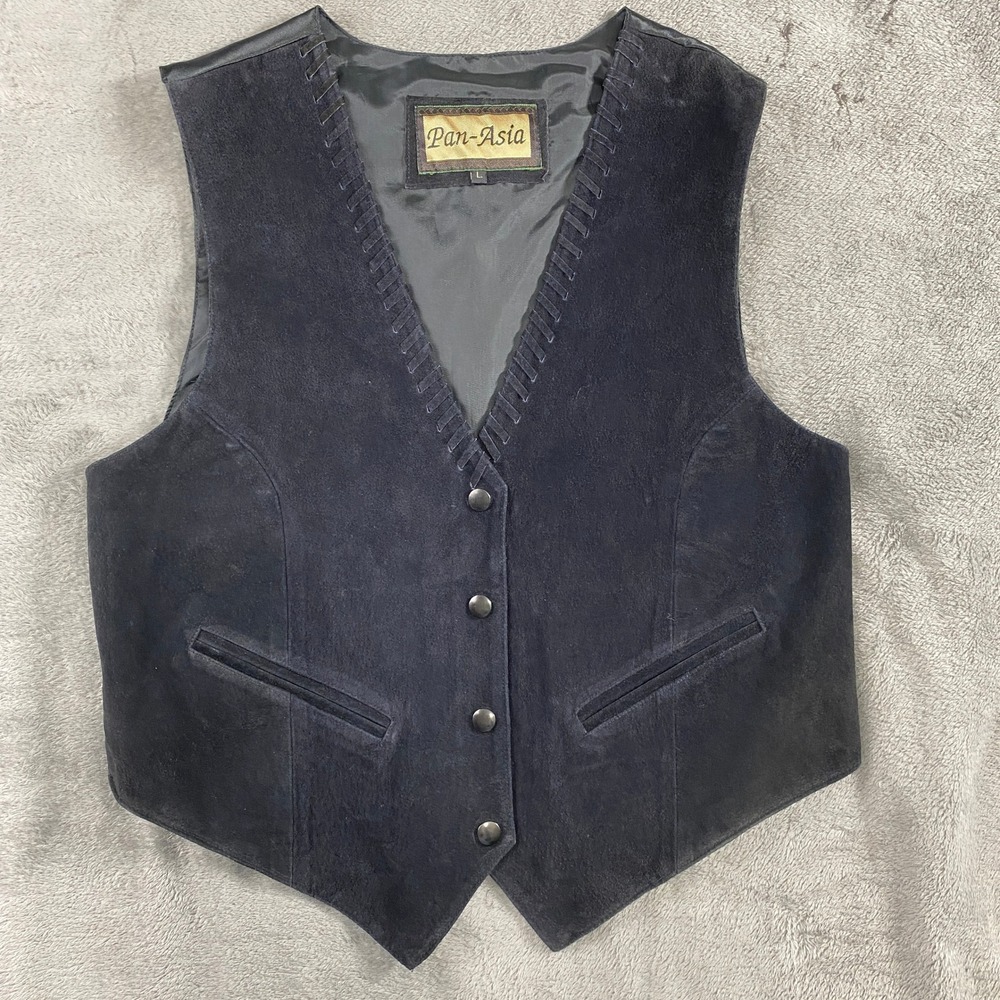 Pan Asia Suede Vest Mens L Black Genuine Leather Whipstitch Western Biker Cinch
